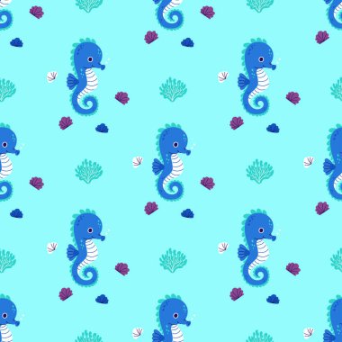 Su altı Kusursuz Düzen. Mavi Arkaplanda deniz atı ve deniz kabukları ve mercanlar. Düz stil vektör illüstrasyonu. Çocuk koleksiyonu