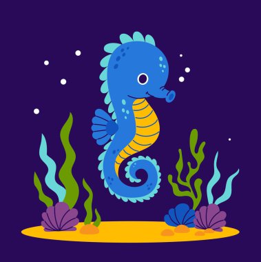 Mavi arka planda deniz yatağında algler ve mercanlarla sevimli bir deniz atı. Düz bir şekilde vektör illüstrasyonu. Çocuk koleksiyonu