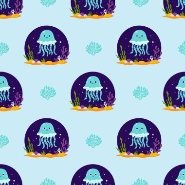 Su altı Kusursuz Düzen. Deniz yosunlu ve açık mavi zemin üzerinde deniz yatağı olan sevimli deniz anaları. Düz stil vektör illüstrasyonu. Çocuk koleksiyonu