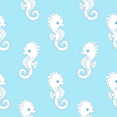 Kusursuz Deniz Şablonu. Mavi Arkaplanda Sevimli Denizatı Deniz Hayvanı taslağı. Vektör İllüstrasyonu. Çizgi çizme. Çocuk koleksiyonu