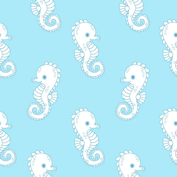 Kusursuz Deniz Şablonu. Mavi Arkaplanda Sevimli Denizatı Deniz Hayvanı taslağı. Vektör İllüstrasyonu. Çizgi çizme. Çocuk koleksiyonu