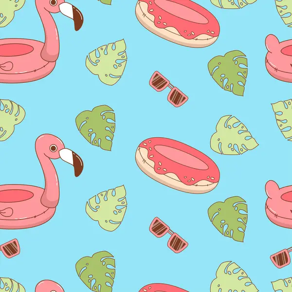 Plajın pürüzsüz deseni. Şirin yaz oyuncakları şişirilebilir pembe flamingo ve mavi arka planda tropikal yapraklar ve güneş gözlükleriyle donut. Vektör çizimi. Çocuk koleksiyonu