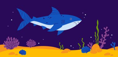 Koyu mavi arka planda yosunlu ve kumlu deniz yataklı köpekbalığı. Düz bir şekilde yatay sualtı manzara posteri. Vektör illüstrasyonu 