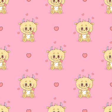 Pembe arka planda sevimli, romantik, küçük, sarı bir canavar ve kalpler. Komik kawaii çizgi film karakteri hayvanı. Vektör illüstrasyonu