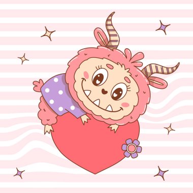 Yürekli şirin pembe canavar. Harika Çizgili Çizgili Çizgili Arka plan 'da komik kawaii boynuzlu karakteri. Vektör çizimi. Çıkartma, maskot ve tasarım için çocuk koleksiyonu