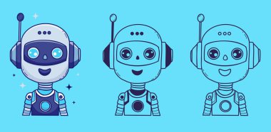 Chatbot Surat, Yapay Zeka 'nın yardımcı robot karakter seti. Vektör taslağı ve renk el çizimi Avatar. Teknik destek için izole semboller, güvenlik, sohbet robotu, fütürist tasarım. Yapay zeka değil
