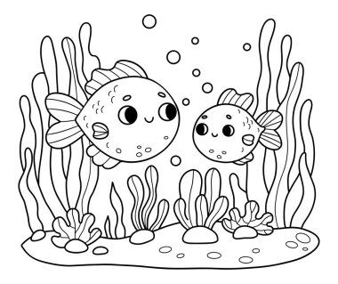 İki Tropik Şirin Balık deniz yosunları arasında yüzer. Anne ve Bebek Balık Ailesi. Boyama sayfası. Çizgi çizme. Vektör çizimi. Çocuk koleksiyonu