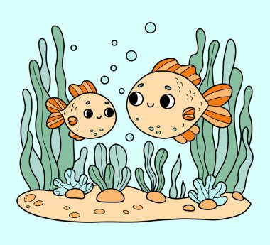 İki tatlı tropikal balık deniz yosunlarıyla kumlu bir günde. Komik karakterli bir aile. Büyük ve küçük bir hayvan. Su altı deniz manzarası. Renkli El Çizimi. Vektör çizimi. Çocuk koleksiyonu