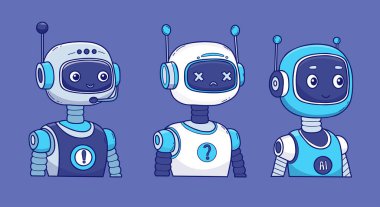 Fütürist Robot, sanal Asistan AI seti. Vektör rengi el çizimi. Teknik destek, güvenlik, sohbet robotu projeleri ve tasarım için izole edilmiş Avatar karakteri. Yapay zeka değil