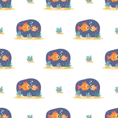 Kusursuz deniz düzeni. Beyaz arka planda deniz yosunu ve deniz dibi olan iki Şirin Balık. Komik çizgi film ailesi. Büyük ve küçük hayvanlar. Su altı deniz manzarası. Vektör İllüstrasyonu. Çocuk koleksiyonu