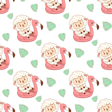 Kusursuz desenli Pembe flamingo üzerinde şirin komik yaz koyunu