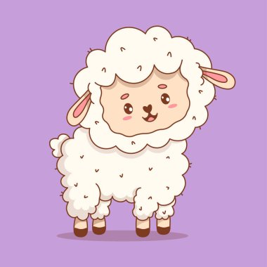 Şirin Beyaz Koyun. Sevimli Çiftlik Hayvanı. Komik çizgi film karakteri Kawaii. Vektör çizimi. Çocuk koleksiyonu 