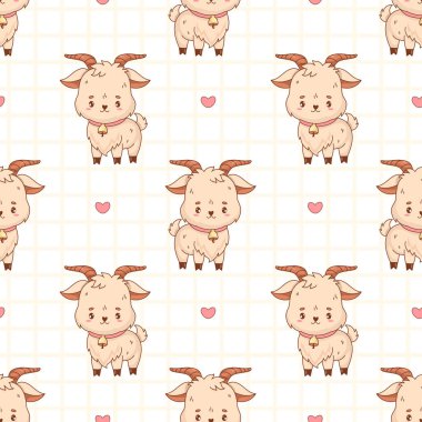 Kalpli, beyaz kareli arka planda şirin küçük keçi desenli kusursuz desen. Mutlu Karikatür Komik Kawaii Çiftlik Hayvanları karakteri. Vektör çizimi. Çocuk koleksiyonu 