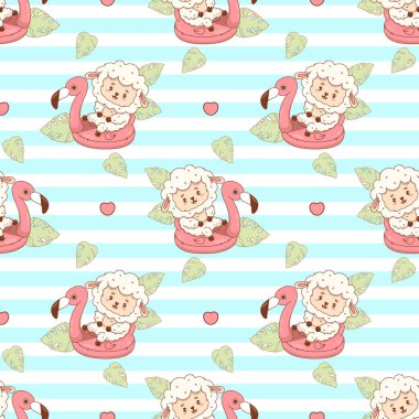 Kusursuz yaz şablonu. Pembe flamingo havuzunda şirin koyunlar ve çizgili arka planda tropikal yapraklar. Çizgi film Funny Beach Kawaii Çiftlik Hayvanları Karakteri. Vektör çizimi. Çocuk koleksiyonu