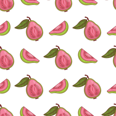 Kusursuz desenli, yapraklı pembe Guava meyvesi.