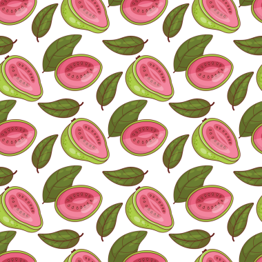 Kusursuz desenli, yapraklı pembe Guava meyvesi.