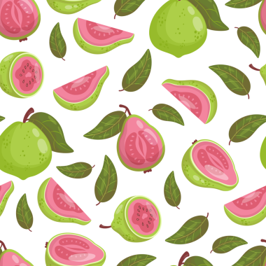 Kusursuz desenli, yapraklı pembe Guava meyvesi.