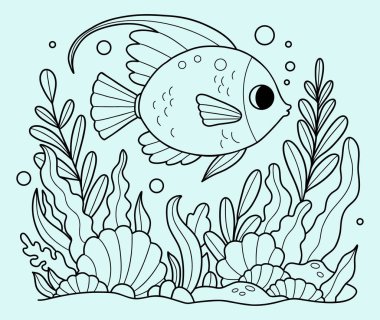 Deniz yatağı ve mercan kayalıklarında algler ve mercanlarla çok güzel tropikal balıklar. Boyama sayfası. Çizgi çizimi. Vektör çizimi. Çocuk koleksiyonu 