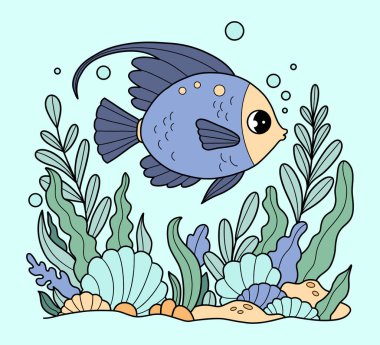 Şirin Tropikal Mavi Balık deniz yosunları arasında yüzer. Su altı deniz manzarası. Renkli El Çizimi. Vektör çizimi. Çocuk koleksiyonu 