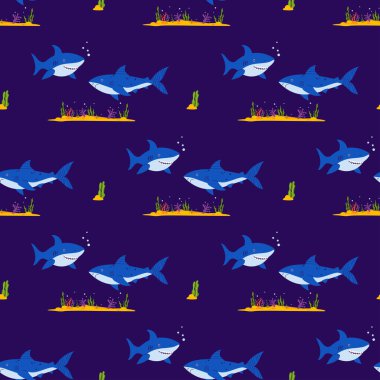 Su altı Kusursuz Düzen. Koyu mavi arka planda yosun ve kumlu deniz yatağı olan iki vahşi köpek balığı. Düz biçimli Vektör İllüstrasyonu