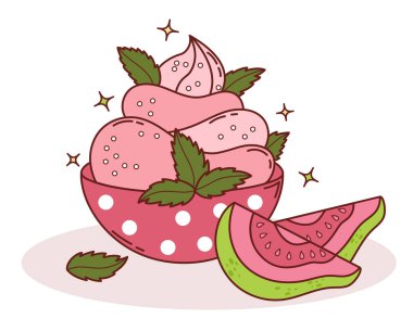 Nane yaprağı ve tropik pembe meyve dilimleriyle puantiyeli Guava kremalı tatlı dondurma. Vektör İllüstrasyonu. Egzotik yemekler, yaz için mükemmel, menü tasarımı, ambalaj ve sağlıklı temalar