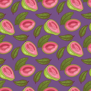 Kusursuz desenli, mor arka planda yapraklı pembe Guava meyvesi. Vektör illüstrasyonu