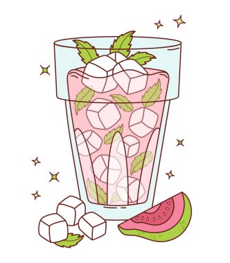 Buz ve nane yapraklı pembe Guava tropikal içeceği. Yaz Meyvesi Kokteyl 'i saman ve dilimlerle tazeliyor. Vektör İllüstrasyonu. Öyle değil.