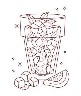 Buz ve nane yapraklı Guava tropik içeceği. Yaz Meyvesi Kokteyl 'i saman ve dilimlerle tazeliyor. Vektör İllüstrasyonu. Çizgi çizimi, boyama kitabı. Öyle değil.