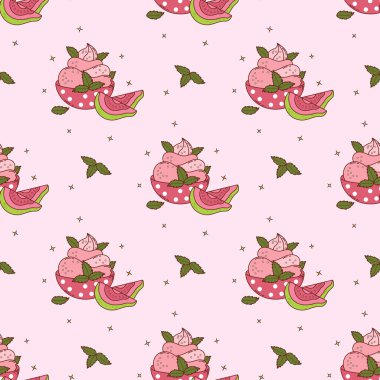 Pembe Arkaplanda, Guava Kremalı Tatlı Dondurmalı Kusursuz Desenli, tropik meyve dilimleri ve nane yapraklı. Yaz Dinlendirici Egzotik Yemekler. Vektör illüstrasyonu