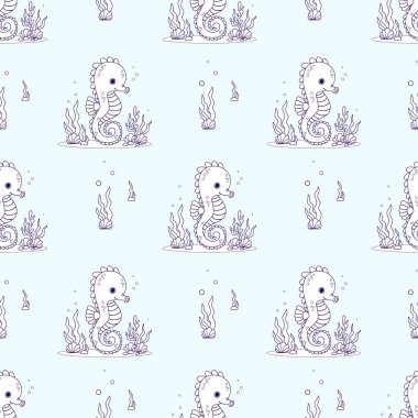 Kusursuz desen. Çizgi film karakteri, açık mavi arka planda deniz yatağı ve yosunlu Deniz Atı. Vektör İllüstrasyonu. Çizgi çizme. Çocuk koleksiyonu