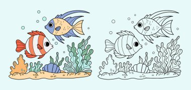 Tropikal balıklar deniz yosunu ve mercan resifleri arasında yüzerler. Taslak ve renk çizimi. Boyama sayfası. Vektör çizimi. Çocuk koleksiyonu