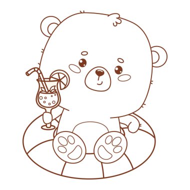 Yüzme ringinde içkiyle rahatlayan sevimli ayının taslağı. Komik Hayvan çizgi filmi Kawaii yaz plaj karakteri tatili. Vektör çizimi. Çizgi çizimi, boyama kitabı. Çocuk koleksiyonu. Yapay zeka değil