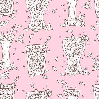 Pembe Arkaplanda tropikal meyve dilimleri ve nane yapraklı Guava İçkisi Kokteyli 'nin ana hatları kusursuz. Çizgi el çizimi. Vektör illüstrasyonu