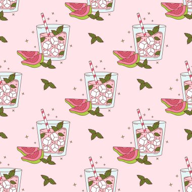 Buzlu Guava içeceği ile kusursuz desen ve tropik meyve dilimli Nane Şekeri. Yaz tazeleyici Kokteyl, cam ve samanla. Vektör illüstrasyonu