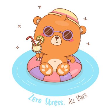 Şapkalı şirin bir ayı ve güneş gözlüğü şişme bilardo ringinde kokteyl içerek yüzüyor. Komik yaz hayvan çizgi filmi Kawaii karakter tatili ve havalı slogan. Vektör çizimi. Çocuk koleksiyonu. Yapay zeka değil