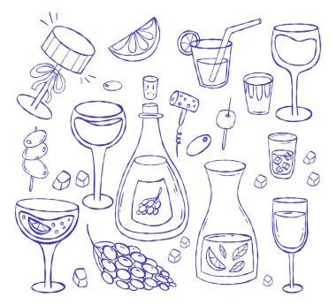 la dolce vita. İtalyan yaz içeceği, yemek, şişe ve bardak seti. Akdeniz estetiğinin taslağı. Antika, beyaz üzerine çizilmiş, asgari kaprisli çizimler. Vektör çizimi. Yapay zeka değil