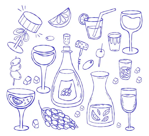 la dolce vita. İtalyan yaz içeceği, yemek, şişe ve bardak seti. Akdeniz estetiğinin taslağı. Antika, beyaz üzerine çizilmiş, asgari kaprisli çizimler. Vektör çizimi. Yapay zeka değil