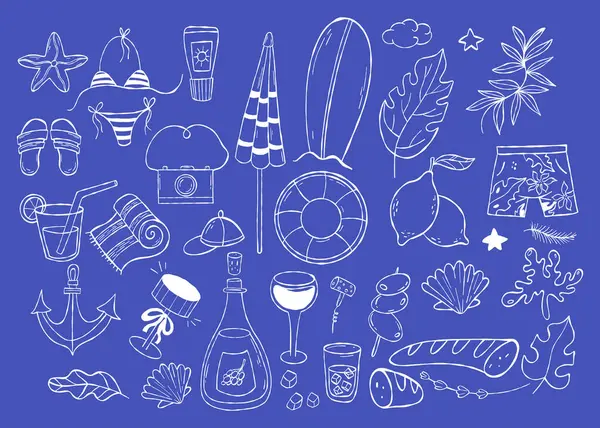 Akdeniz yaz plaj karalamaları. La Dolce Vita Estetiği. İzole edilmiş beyaz el tatil aksesuarları, içecekler, yiyecekler ve mavi üzerine deniz ürünleri çiziyor. Vektör çizimi. Yapay zeka değil