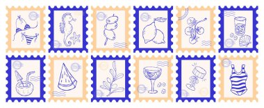 Akdeniz Posta Damgaları ayarlandı. La Dolce Vita estetik çizimi. İzole edilmiş klasik Summer Beach Yellow Blue Moda dikey Posterleri Pullu El skeci. Vektör çizimi. Yapay zeka değil