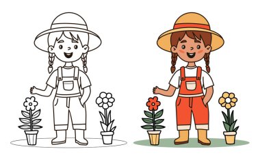 Sevimli mutlu çiftçi kız. Şapkalı, tulumlu ve saksı çiçekli çocuk bahçıvanlık karakteri. İzole edilmiş Renk ve Çizgi Çizimi. Vektör illüstrasyonu