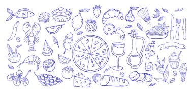 Akdeniz mavisi yaz İtalyan yemek ve içecek seti. la dolce vita. Taslak Vintage estetiği, beyaz arkaplandaki en az garip el çizimlerini izole etti. Vektör çizimi. Yapay zeka değil