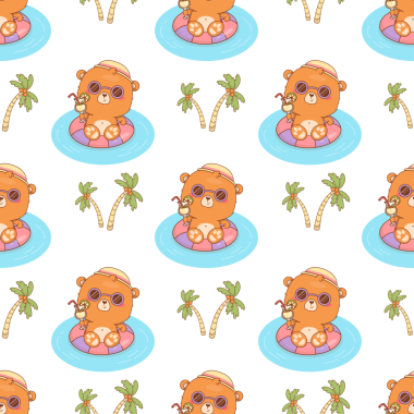 Kusursuz Yaz Şablonu Tatlı Ayıcık Yüzme Yüzüğünde İçkili Kokteyl