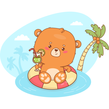 Tatlı Yaz Plajı Ayısı Tropikal İçecekle Yüzme Yüzüğünde