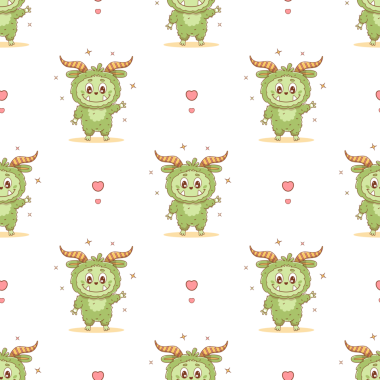 Kusursuz desenli şirin boynuzlu yeşil canavar.