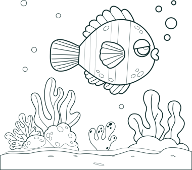 Deniz tabanı çiziminde yosunlu şirin çizgi film balıkları.