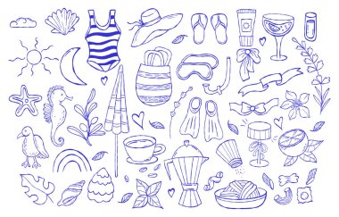 Dolce vita. Akdeniz Estetiği. Yaz kumsalı rahatlaması ve İtalyan yemeği seti. İzole edilmiş el yapımı plaj kıyafeti, aksesuarlar ve deniz eğlencesi, içkiler. Vektör çizimi. Yapay zeka değil