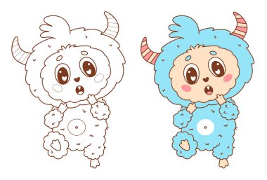 Sevimli canavar seti. İzole edilmiş taslak ve renkli komik çizgi film kawaii karakteri hayvanı. Çizgi çizimi, boyama kitabı. Vektör çizimi. Çocuk koleksiyonu