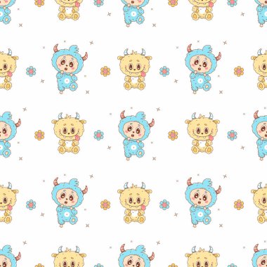 Beyaz arka planda Şirin Küçük Canavar ile kusursuz bir düzen. Komik kawaii karakteri Mavi ve Sarı Hayvan. Vektör çizimi. Çocuk koleksiyonu