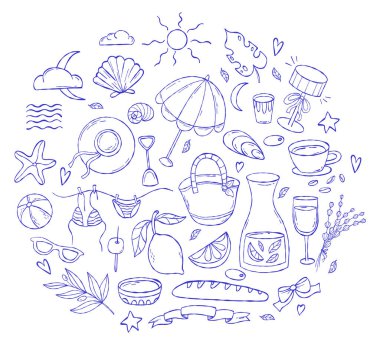 Dolce vita. Akdeniz mavisi yaz karalama seti. El yapımı klasik estetik el çizimi. İzole edilmiş Outline plajı, aksesuarlar, yiyecek ve içecekler. Vektör çizimi. Yapay zeka değil