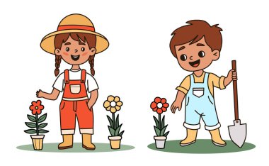 Mutlu Çocuk Çiftçisi. Şirin Çocuk Bahçıvanlık karakteri kızı ve tulumlu, elinde kürek ve saksı seti olan bir oğlan. İzole edilmiş renkli el çizimi. Vektör illüstrasyonu